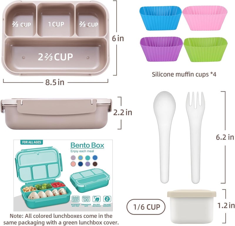 QQKO Bento Box Adult Lunch Box, Lunch Containers for Adults Men Women, Kids Lunch Boxes for School with 4 Compartments, Sauce Container, Utensils and Muffin Cups, Brown - Image 2